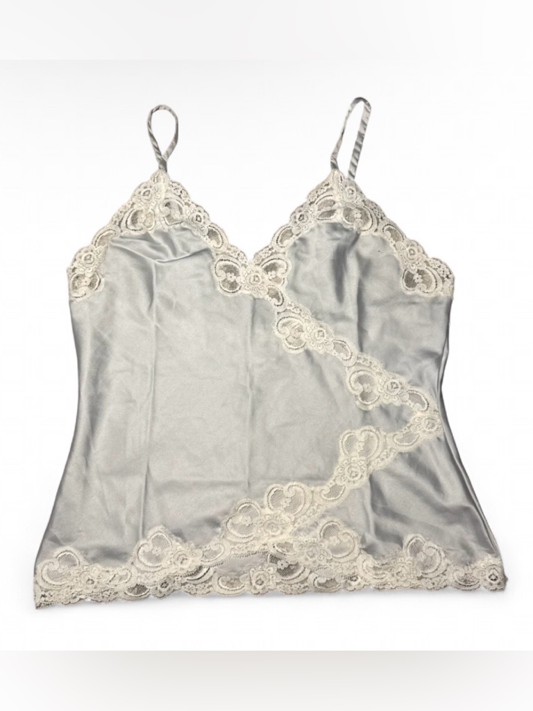 Vintage Christian Dior Grey Silver Silk Cami Top With Sheer Lace Details